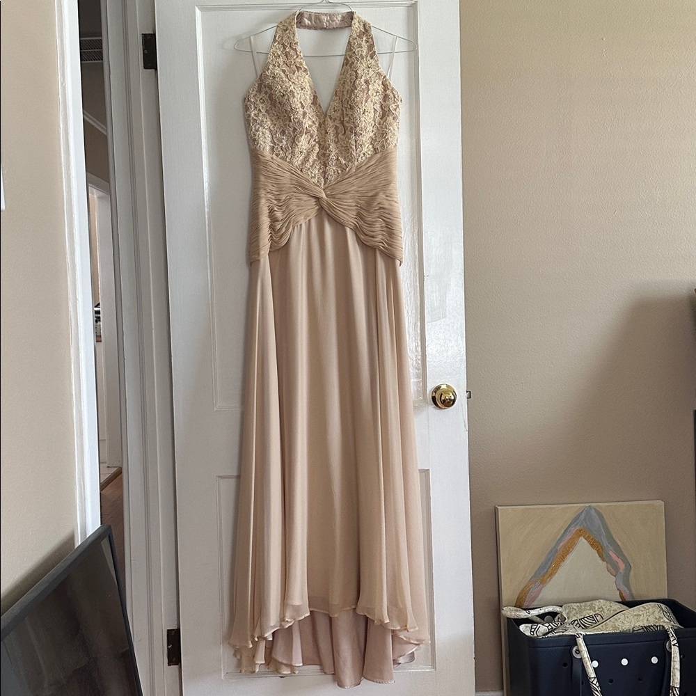 Jovani Beige Lace Bodice Backless Evening Gown